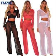 Sexy Transparent Long Sleeve Zipper Hoodie Crop Top Summer Women Loose Jumpsuit Mesh Overalls Workout 2 Piece Pants Suit XXXL 2024 - buy cheap