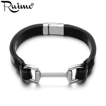 RUIMO Genuine Flat Leather Men Bracelets 316L Stainless Steel Connector Magnet Licorice Clasp Cuff Bangles Handmade Jewelry 2024 - buy cheap
