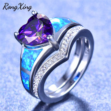 RongXing Purple/Blue/Red/Green Heart Zircon Blue Fire Opal Ring Set for Women Silver Color Birthstone Double Rings 2024 - buy cheap