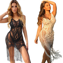 Women Sexy Tassels Lace Hollow Out See Through Pencil Dress 2019 Summer New Fitted Solid Color Beach Sheath Vestidos 2024 - buy cheap