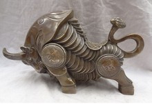 YM  322  13" Folk Chinese Bronze Copper RuYi Animals Wealth Coin Bull Ox Statue 2024 - buy cheap