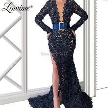 Navy Blue Lace Evening Dresses 2019 With High Split Side Hot Sexy Illusion Neckline Prom Dress Dubai Saudi Arabic Party Gowns 2024 - buy cheap