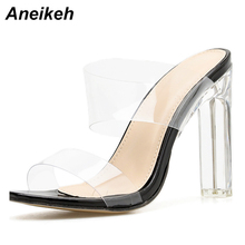 Aneikeh 2022 SummerNew PVC Jelly Sandals Crystal Open Toed Sexy Thin Heels Crystal Women Transparent Heel Sandals Slippers Pumps 2024 - buy cheap