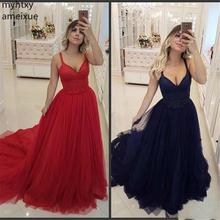 2021 Cheap Sexy New Long Formal Red Evening Dresses Deep V Neck Sleeveless Beaded Tulle Sweep Train For Party Robe De Soiree 2024 - buy cheap