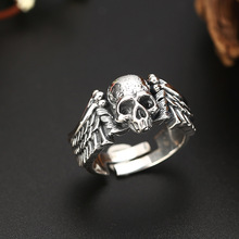 100% 925 Sterling Silver Men vintage Opening Ring Punk Hiphop Skull Angel wings Initial Adjustable LOVE Ring Fine Jewelry Gifts 2024 - buy cheap