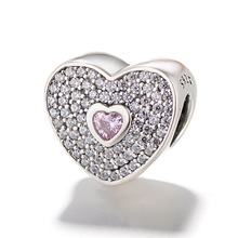Authentic 925 Sterling Silver Charm Shine Pink Heart Full Crystal Beads For Original Pandora Charm Bracelets & Bangles Jewelry 2024 - buy cheap