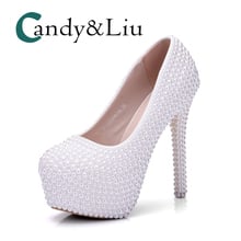 White Pearl Wedding Shoes Beaded Slip-on Round Toe with Platform Super High Heel Women Pumps for Party Banquet Evening Dress 2024 - buy cheap