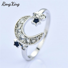 Rongxing bonito lua estrelas anel de prata cor anéis para mulheres casamento noivado jóias branco preto anel de pedra valentim 2024 - compre barato
