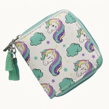 M154 Women Short Type Hand Wallets Cartoon Unicorn Printing Short PU Leather Wallet Ladies Clutch Tassels Coin Card Bag 2024 - buy cheap