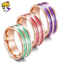 Romantic Pink Purple Green Enamel Ring Women Rose Gold Stainless Steel Wedding Bands Charm Rings Anniversary Gifts Jewelry 2024 - buy cheap