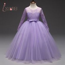 Floor Length Princess Long Sleeves Lace Flower Girl Dresses Purple Girls Pageant Dress First Communion Dresses Party Gown 2024 - buy cheap