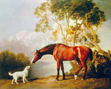 Настенная живопись холст Картина маслом лошадь балерина Bay лошадь и белая собака от Джордж Стаббс высокое качество ручная роспись 2024 - купить недорого