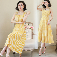 Vestido de verão coreano amarelo xadrez alça espaguete, mulher elegante cintura alta drees longo maxi sem mangas roupas de férias 2024 - compre barato