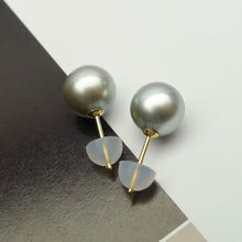 Free Shipping 18k Yellow Gold Round Silver Gray Tahitian Cultured Pearl Stud Earrings 9-9.5mm 2024 - buy cheap