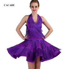 Customized Latin Dance Dress Latin Competition Dresses Flapper D0465 Purple with Big Tassel Hem Halter Backless 2024 - buy cheap