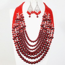 New design high quality statement necklace earrings 7 rows red shell simulated-pearl crystal fashion women jewelry set  B1299 2024 - buy cheap