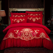 100% хлопок, красное кружево, китайская Свадебная вышивка, роскошный комплект постельного белья, 4 шт., Королевский размер, пододеяльник, простыня, набор 2024 - купить недорого