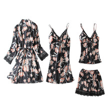 Daeyard-Conjunto de Pijama de 4 piezas para mujer, bata de seda, Sexy, con encaje y estampado Floral, ropa de dormir con almohadillas para el pecho 2024 - compra barato