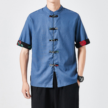 Летняя мужская хлопковая льняная рубашка с коротким рукавом, рубашки в китайском стиле, модные мужские рубашки, 2020 мужская одежда с воротником-стойкой и пуговицами 2024 - купить недорого