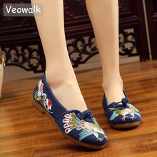 Veowalk pavão bordado feminino denim algodão ballet flats, antigo pequim bailarinas sapatos conforto bordado chinês tênis 2024 - compre barato