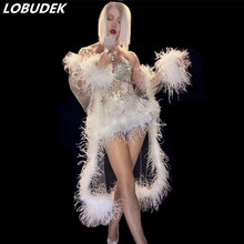 Bling Rhinestones White Feather Dress Lady Birthday Celebrate Dress Nightclub Party Singer Costume Sexy Crystals 2 Piece Outfit 2024 - buy cheap
