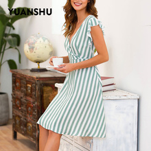 YUANSHU Sexy Deep V Neck Vertical Striped Green Summer Dress 2019 Flying Sleeves Women Midi Dresses Office Ladies Elegant Dress 2024 - buy cheap