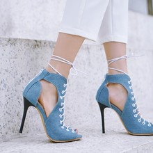 Sandalias de tacón alto de talla grande para mujer, zapatos de verano con cremallera, atados, finos 2024 - compra barato