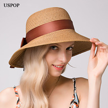 Chapéu de palha uspop, moda feminina, chapéu de palha com aba larga, com laço para verão, baldes e chapéu de praia 2024 - compre barato