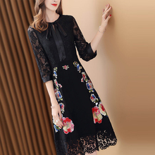 Spring Summer Fashion Women Office Ladies Bow Embroidery 3/4 Sleeve Black Lace Dress , 2019 Female Woman Slim 4xl 5xl Dresses 2024 - buy cheap