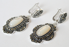 VINTAGE NATURAL WHITE SHELL  925  SILVER&MARCASITE  EARRINGS 11/2" VALENTINE'S GIFT 2024 - buy cheap