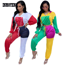 Autumn Winter Casual Sport Hooded Long Sleeve 2 Pieces Set Women Color Block Lace Up Long Sleeve Crop Tops and Pants Jumpsuits 2024 - buy cheap