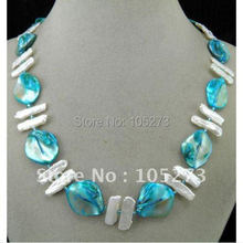 ¡Increíble! Perla + collar de concha AA 5X12MM perla blanca de agua dulce + cáscara azul 18'inchs Cierre de imán blanco envío gratis NF189 2024 - compra barato