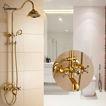 Antique Gold Brass Faucet Bathroom Shower Suit European Rain Head Retro Wall Mounted Shower Set Brass Bathroom Accessories Set 2024 - buy cheap