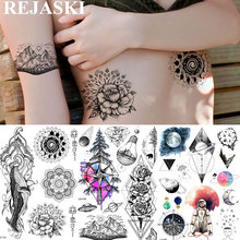 Rejaski tatuagem temporária preta de henna, flor de lótus, mandala, braço feminina, adesivo de baleias falsas, arte no peito e pulso 2024 - compre barato