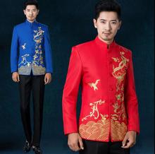Conjunto de traje túnica China con bordado de cuello alto para hombre, trajes con diseños de pantalones y abrigo, en color negro, blanco, rojo y azul 2024 - compra barato