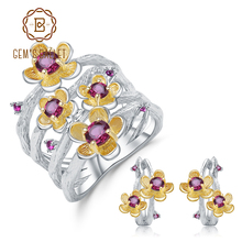 GEM'S BALLET 2.14Ct Natural Rhodolite Garnet Ring Earrings Sets For Women Real 925 Sterling Silver Handmade Flower Jewelry Set 2024 - buy cheap