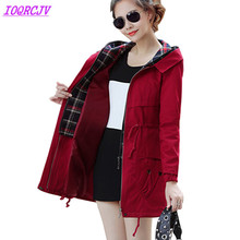 2018 Spring Autumn Women Trench Coats Plus size Hooded Windbreaker Medium length Solid color Belt Slim Outerwear IOQRCJV Q020 2024 - buy cheap