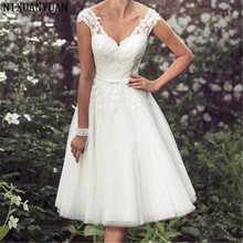 Beach Elegant Tea Length Short Wedding Dresses Cap Sleeves Appliques Lace Wedding Gowns Tulle V Neck Short Bridal Gown 2024 - buy cheap