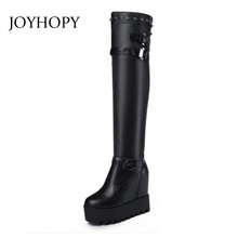 Buckle Rivet Motorcycle Long Boots Women Height Increasing Platform Elastic Boots Woman High Heel Over The Knee Boots WB1423 2024 - buy cheap