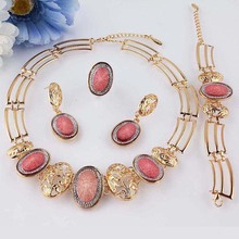 Fancyde Girl Pink Oval And Hollow Oval  Pendant Necklace Set Gold Color Jewelry Set For Women Rhinestone Jewelry Sets 2024 - buy cheap