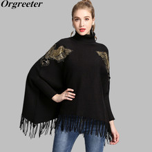 Christmas Women New Embroidery Gold Beading Eagle Cloak Poncho Turtleneck Bat Sleeve Pullover Sweater Tassel Knit Shawl Cape 2024 - buy cheap
