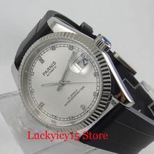 Механические Мужские часы PARNIS, 36 мм, с белым циферблатом и кристаллом Sapphire, с дисплеем даты, SS, с резиновым ремешком, автоматическое движение 2024 - купить недорого