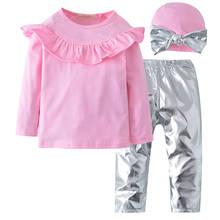 3pcs Kid Children Baby Girls Clothes Long Sleeve Ruffles Pink Top+Silver Leather Pants +Bow Hat Baby Girl Outfit Set Clothing 2024 - buy cheap