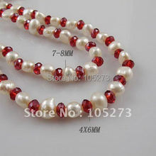 ¡Encantador! 48''inchs collar largo AA 7-8 MM color blanco perla agua dulce genuina y rojo de cristal de joyería de moda envío gratis A2365 2024 - compra barato