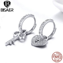 BISAER gran oferta de amor de la plata esterlina 925 candado de corazón y de cristal en forma de llave Stud pendientes de varilla para mujer joyería de la boda de Brincos ECE577 2024 - compra barato