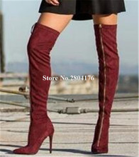 Women Fashion Pointed Toe Front Zipper-up Over Knee Thin Heel Boots Wine Red Long High Heel Boots Club Shoes Dress Shoes 2024 - buy cheap