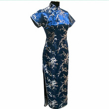 Vestido chinês tradicional de cetim, alta qualidade, azul marinho, longo, cheongsam, flor, tamanho p, m, g, xl, xxl, 4xl, 5xl, 6xl 2024 - compre barato