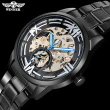 Часы наручные WINNER Мужские механические, люксовые модные часы-скелетоны от известного бренда, с черным чехлом 2024 - купить недорого