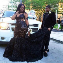 African Plus Size Prom Dresses 2018 Sheer Neckline Mermaid Evening Gowns Long Sleeves Tiered Black Girls Formal Dresses Evening 2024 - buy cheap