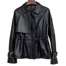 Jaqueta feminina em couro legítimo, casaco trench coat feminino em couro de ovelha e real, primavera, streetwear 2024 - compre barato